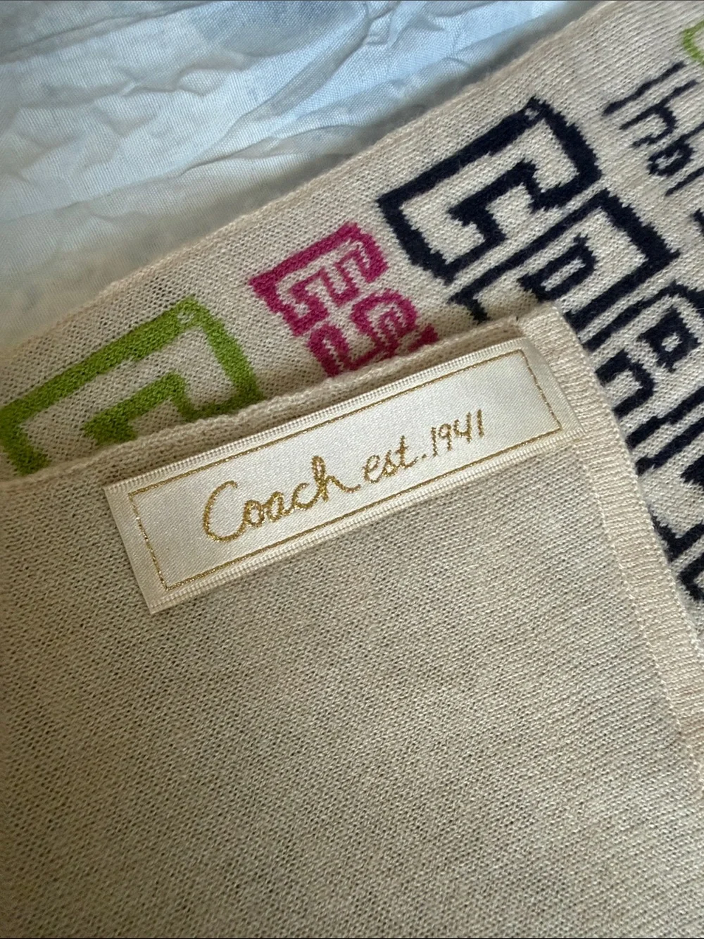 Coach Logo Print Scarf in Pink, Lime & Navy on Cream